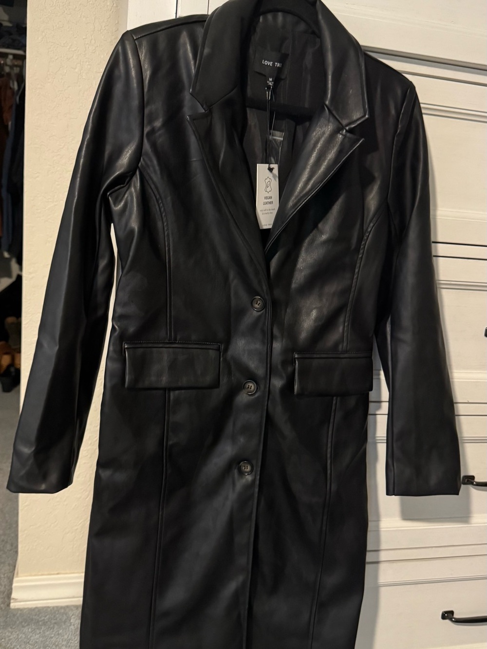 Love Tree Black Faux Leather Longline Blazer Coat